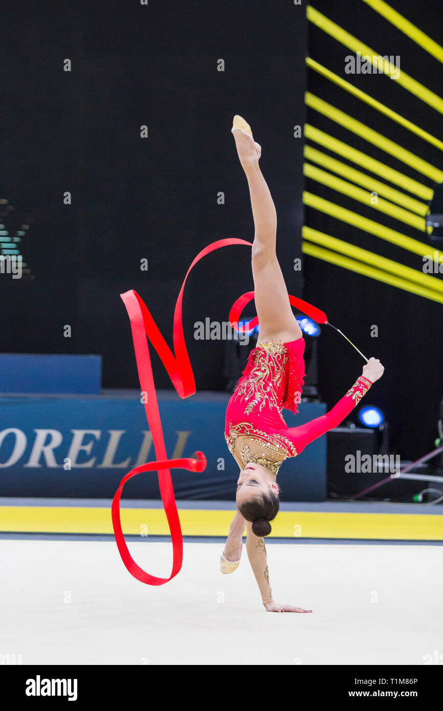 KYIV, UKRAINE - MARCH 16, 2019:  Meleshchuk Yeva (Ukraine) performs at Deriugina Cup Grand Prix (Rhythmic Gymnastics International Tournament) Stock Photo