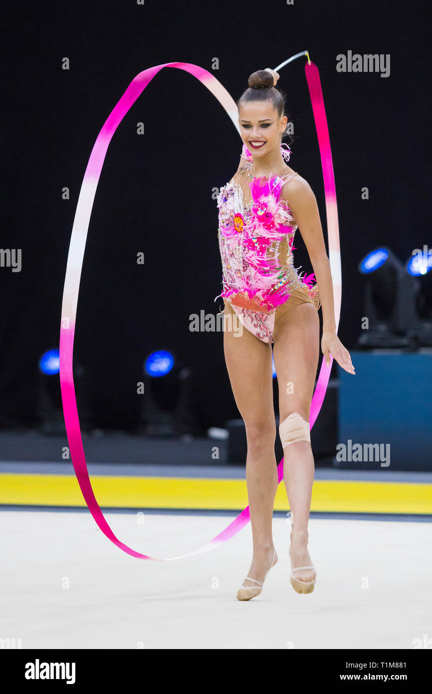 KYIV, UKRAINE - MARCH 16, 2019:  Selezneva Ekaterina (Russia) performs at Deriugina Cup Grand Prix (Rhythmic Gymnastics International Tournament) Stock Photo