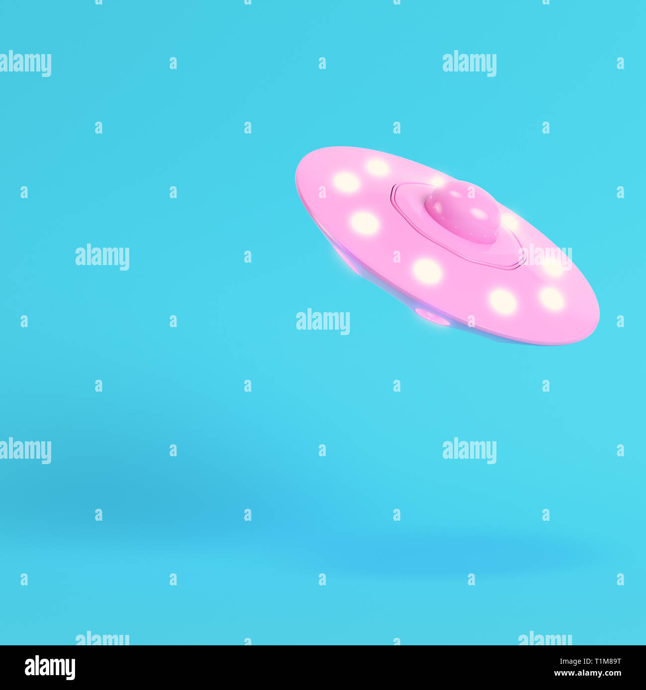 Pink ufo or alien spaceship on bright blue background in pastel colors. Minimalism concept. 3d render Stock Photo