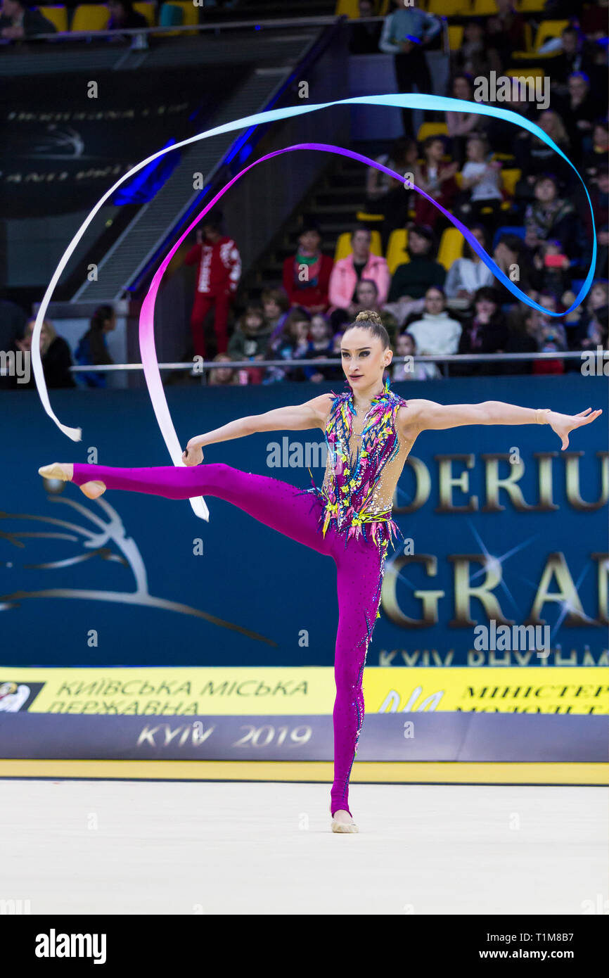 KYIV, UKRAINE - MARCH 16, 2019:  Viktoria Skittidi (Cyprus) performs at Deriugina Cup Grand Prix (Rhythmic Gymnastics International Tournament) Stock Photo