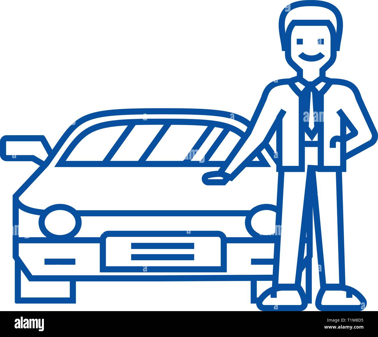 Man with new car,auto  line icon concept. Man with new car,auto  flat  vector symbol, sign, outline illustration. Stock Vector