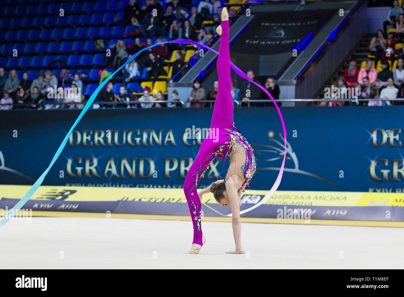 KYIV, UKRAINE - MARCH 16, 2019:  Skittidi Viktoria (Cyprus) performs at Deriugina Cup Grand Prix (Rhythmic Gymnastics International Tournament) Stock Photo