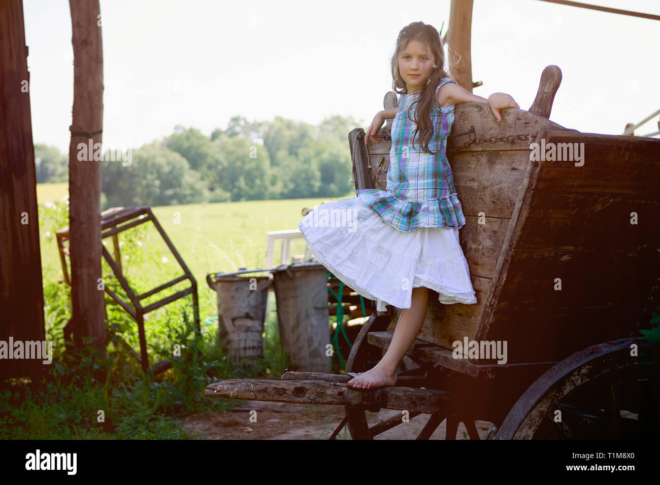 Portrait barefoot girl in dress leaning on rural wagon Stock Photo