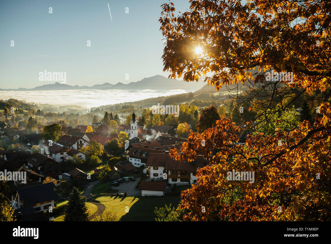 Sunny, idyllic scenic autumn view of townscape, Bad Kohlgrub, Bayern, Germany Stock Photo