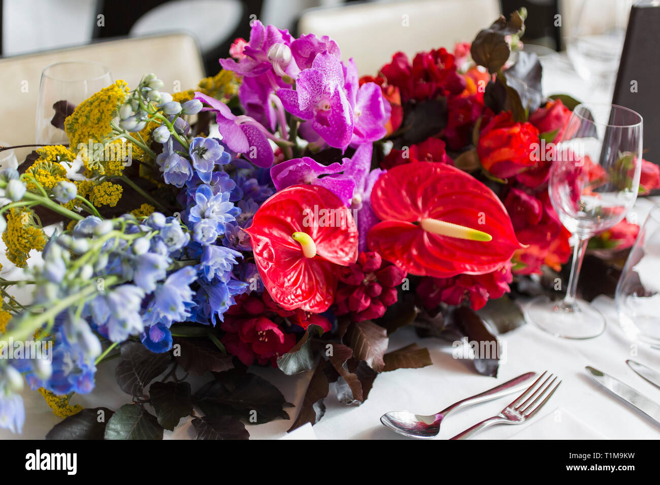 Still life vibrant, tropical table bouquet Stock Photo