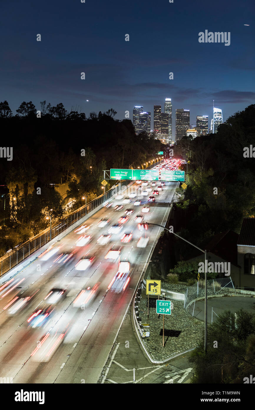 Long exposure cars driving along freeway at night, Los Angeles, California, USA Stock Photo