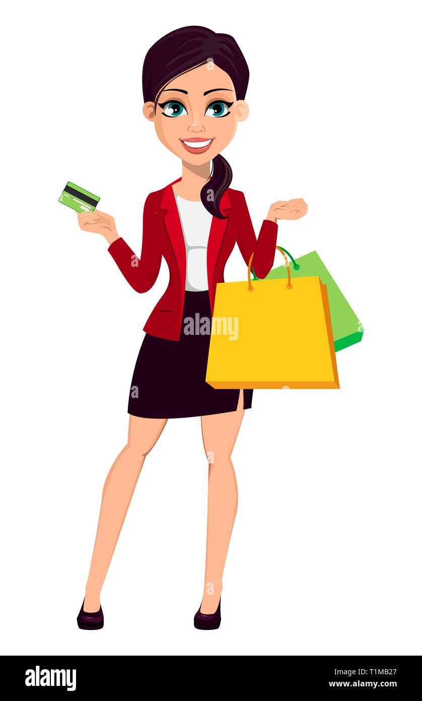 Businesswoman cartoon character. Confident young manager. Beautiful business woman holding credit card and shopping bags. Vector illustration Stock Vector Image & Art - Alamy Businesswoman cartoon character. Confident young manager. Beautiful business woman holding credit card and shopping bags. Vector illustration Stock Vector Image & Art - Alamy