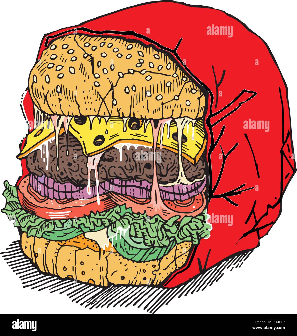 Monster burger. Meat cutlet, cheese, tomatoes, cucumbers, onions, salad, sauce on a sesame bun in a wrap. Angry brutal hamburger. Hand drawn sketchy s Stock Vector