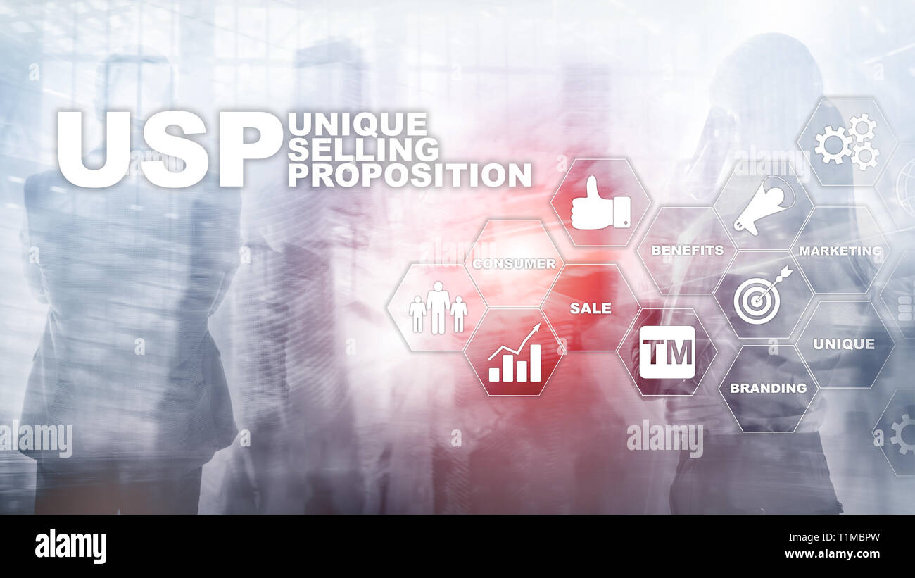 UPS - Unique selling propositions. Business and finance concept on a virtual structured screen. Mixed media Stock Photo