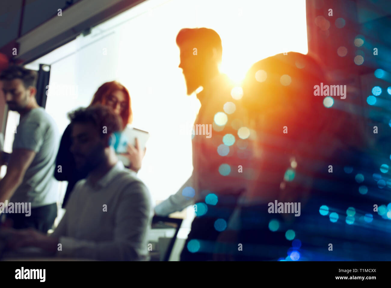 Business people collaborate together in office. Double exposure effects. Stock Photo