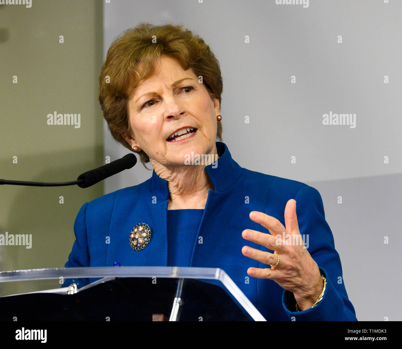 U.S. Senator Jeanne Shaheen (D-NH) seen speaking during a program titled 'Tracking Federal Funding to Combat the Opioid Crisis' at the Bipartisan Policy Center in Washington, DC. Stock Photo