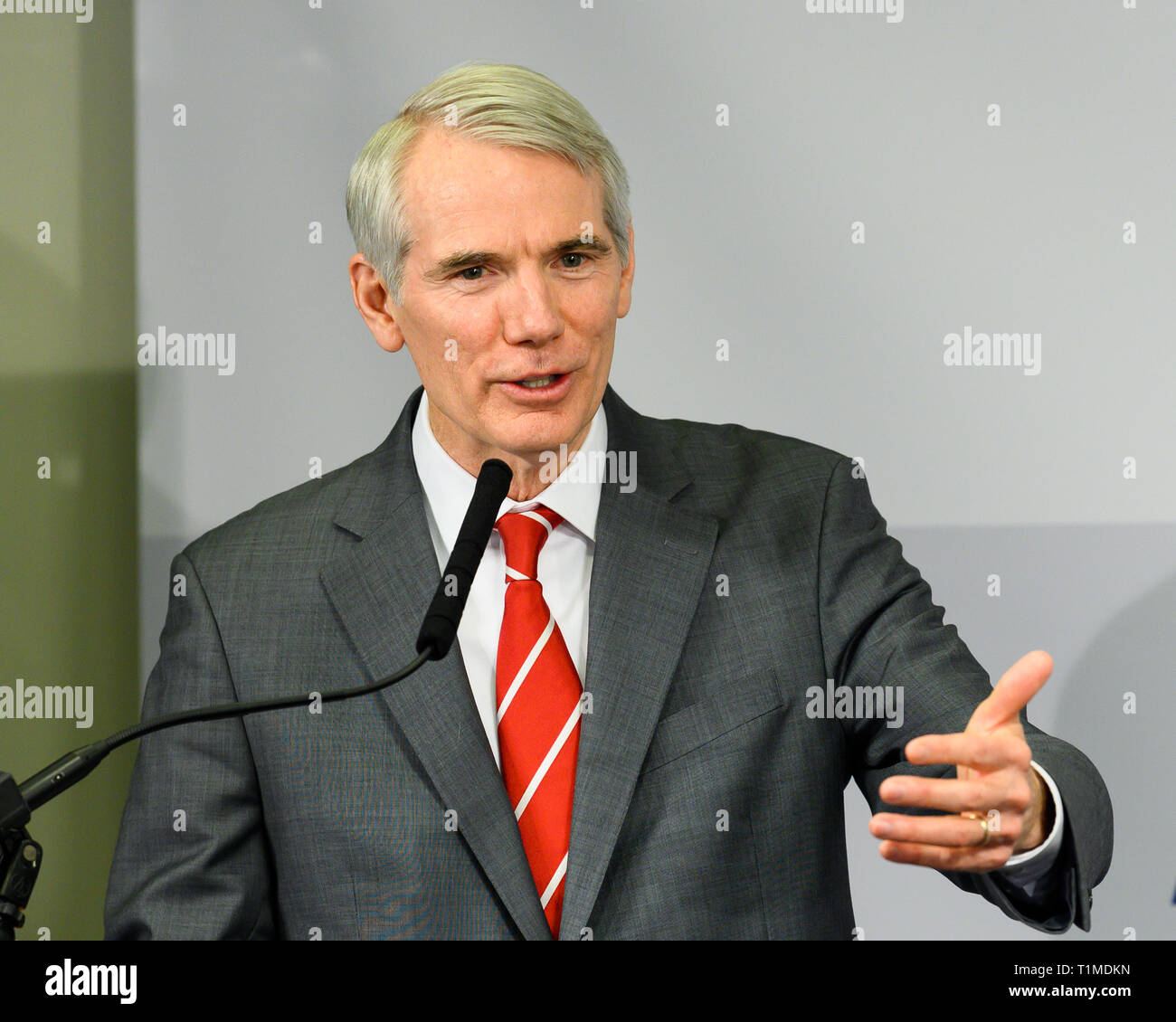 U.S. Senator Rob Portman (R-OH) seen speaking during a program titled 'Tracking Federal Funding to Combat the Opioid Crisis' at the Bipartisan Policy Center in Washington, DC. Stock Photo