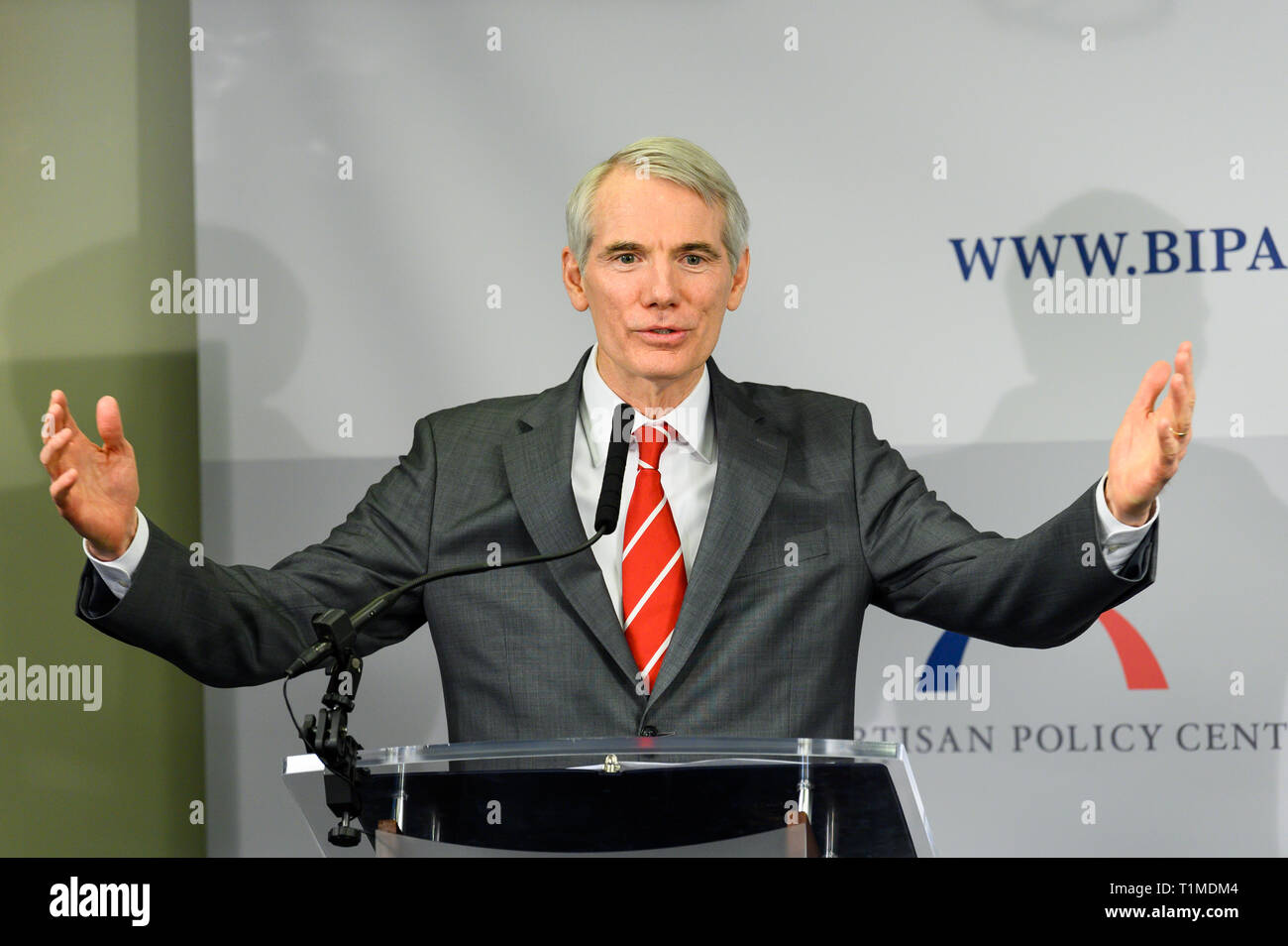 U.S. Senator Rob Portman (R-OH) seen speaking during a program titled 'Tracking Federal Funding to Combat the Opioid Crisis' at the Bipartisan Policy Center in Washington, DC. Stock Photo