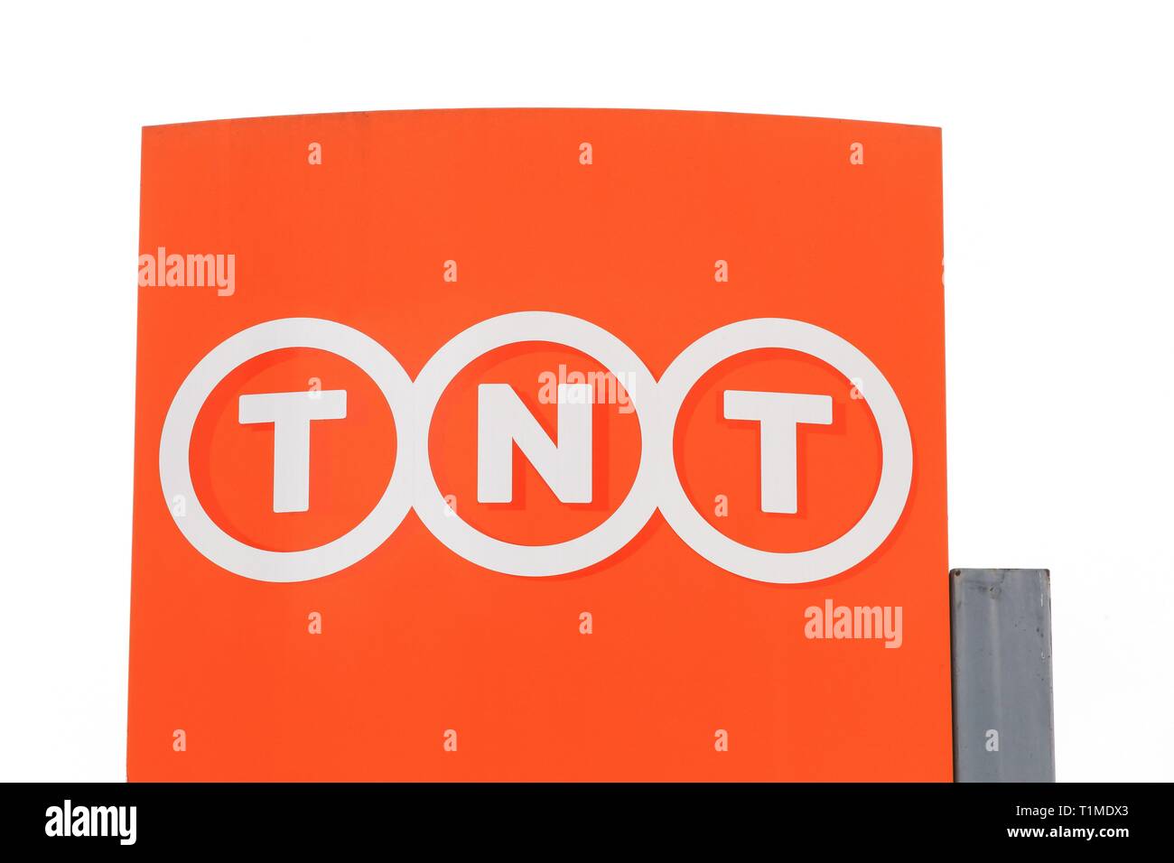 Lyon, France - January 20, 2019: TNT logo on a panel. TNT is an international express, mail delivery and logistics services company Stock Photo