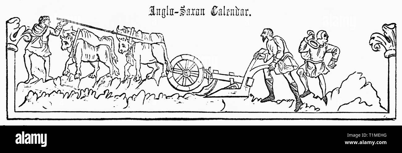 Anglo-Saxon Calendar, January, pre-Norman Conquest of 1066, Illustration from John Cassell's Illustrated History of England, Vol. I from the earliest period to the reign of Edward the Fourth, Cassell, Petter and Galpin, 1857 Stock Photo