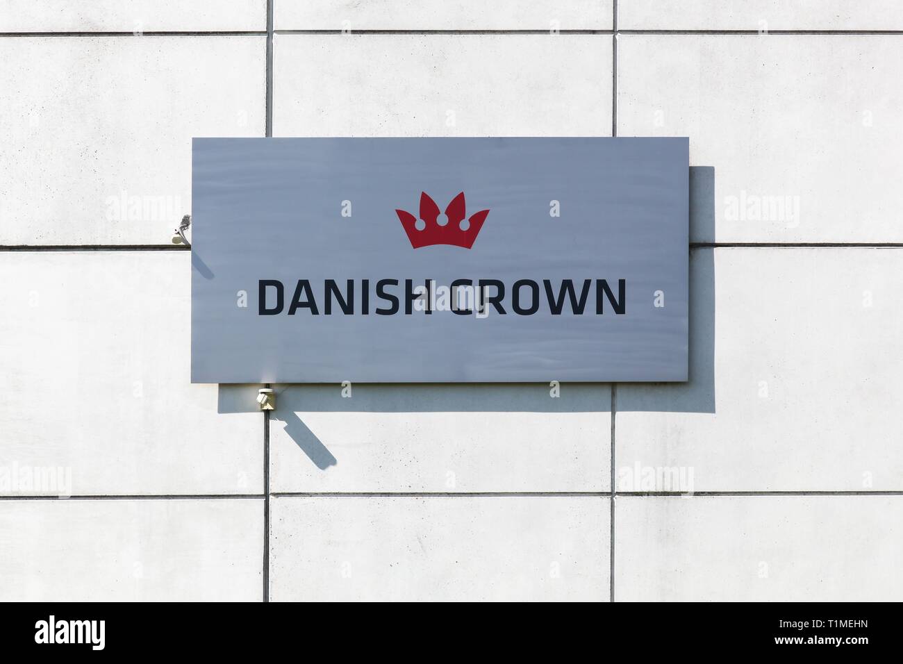 Randers, Denmark May 5, 2018 Danish Crown logo on a wall. Danish