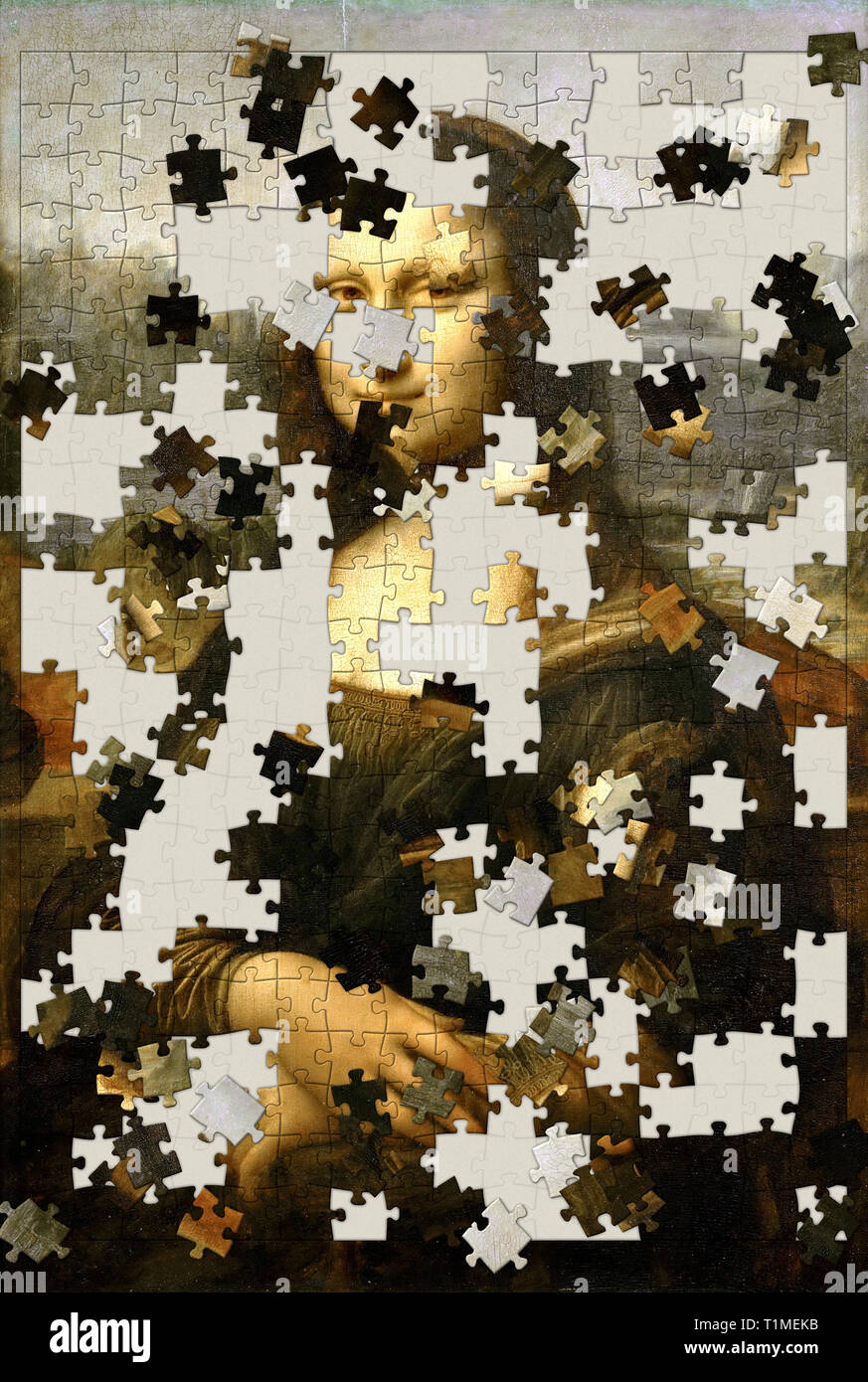 Mona Lisa painting as a jigsaw puzzle unfinished Stock Photo