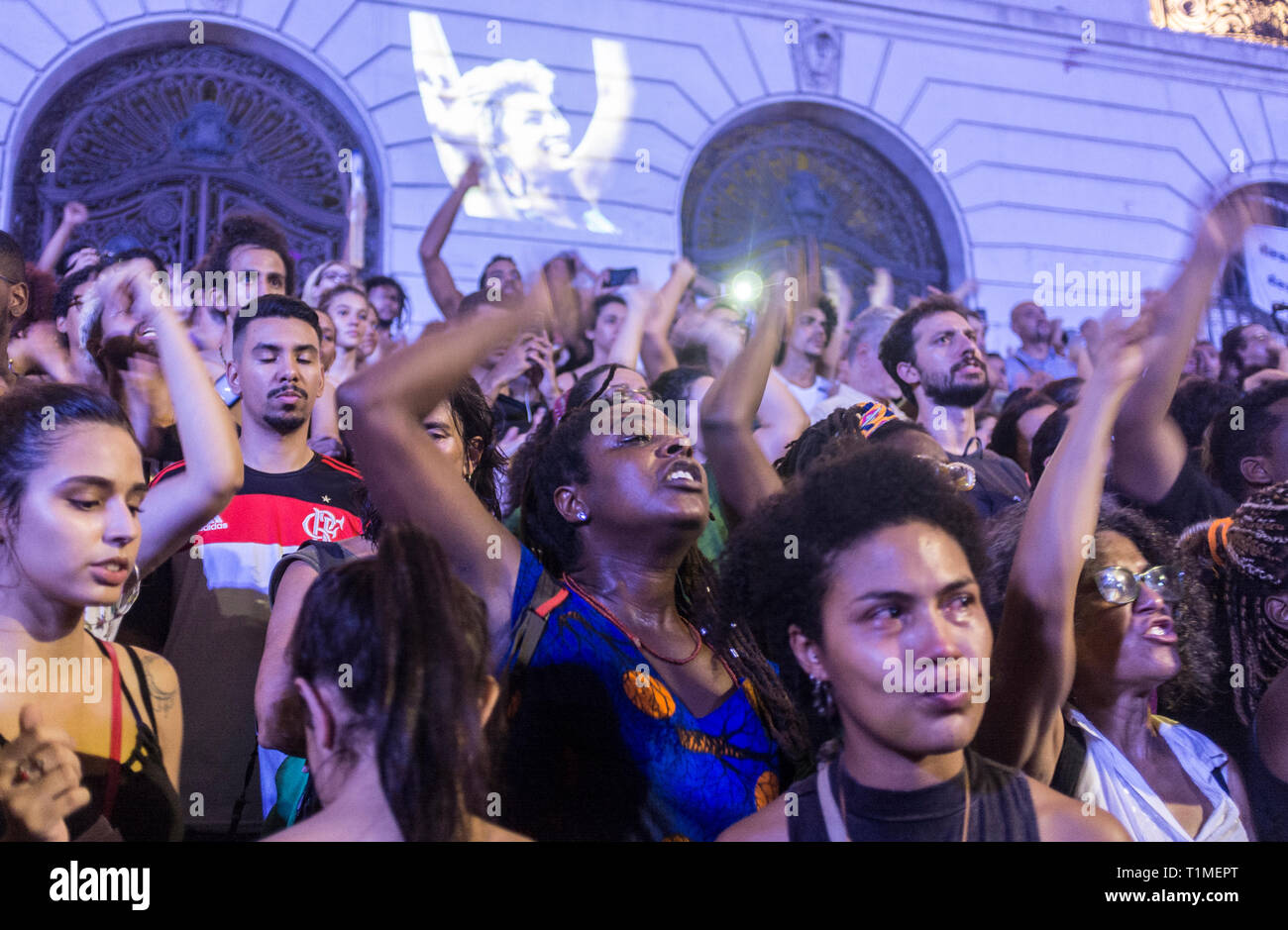 Demonstration for Marielle Franco, Brazilian feminist, politician and human rights activist, murdered on 14 March 2018 in Rio de Janeiro -  she had been an outspoken critic of police brutality and extrajudicial killings. Protestors get emotional, downtown Rio de Janeiro, Brazil. Stock Photo