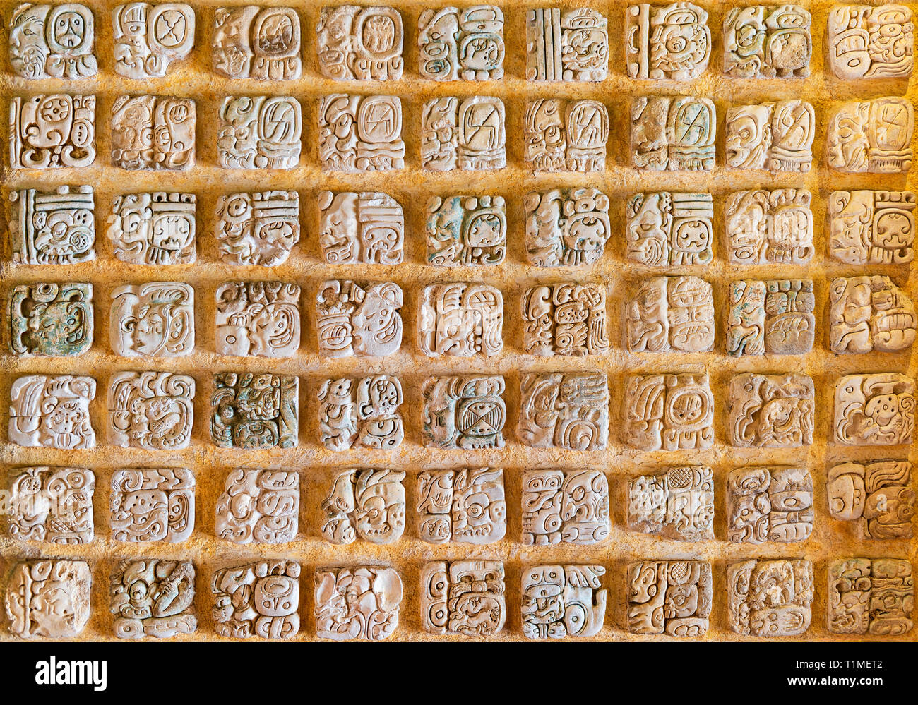 Hieroglyph symbols of the Mayan Alphabet. The writing system is seen in Copan (Honduras), Tikal (Guatemala), Chichen Itza, Palenque, Uxmal (Mexico). Stock Photo