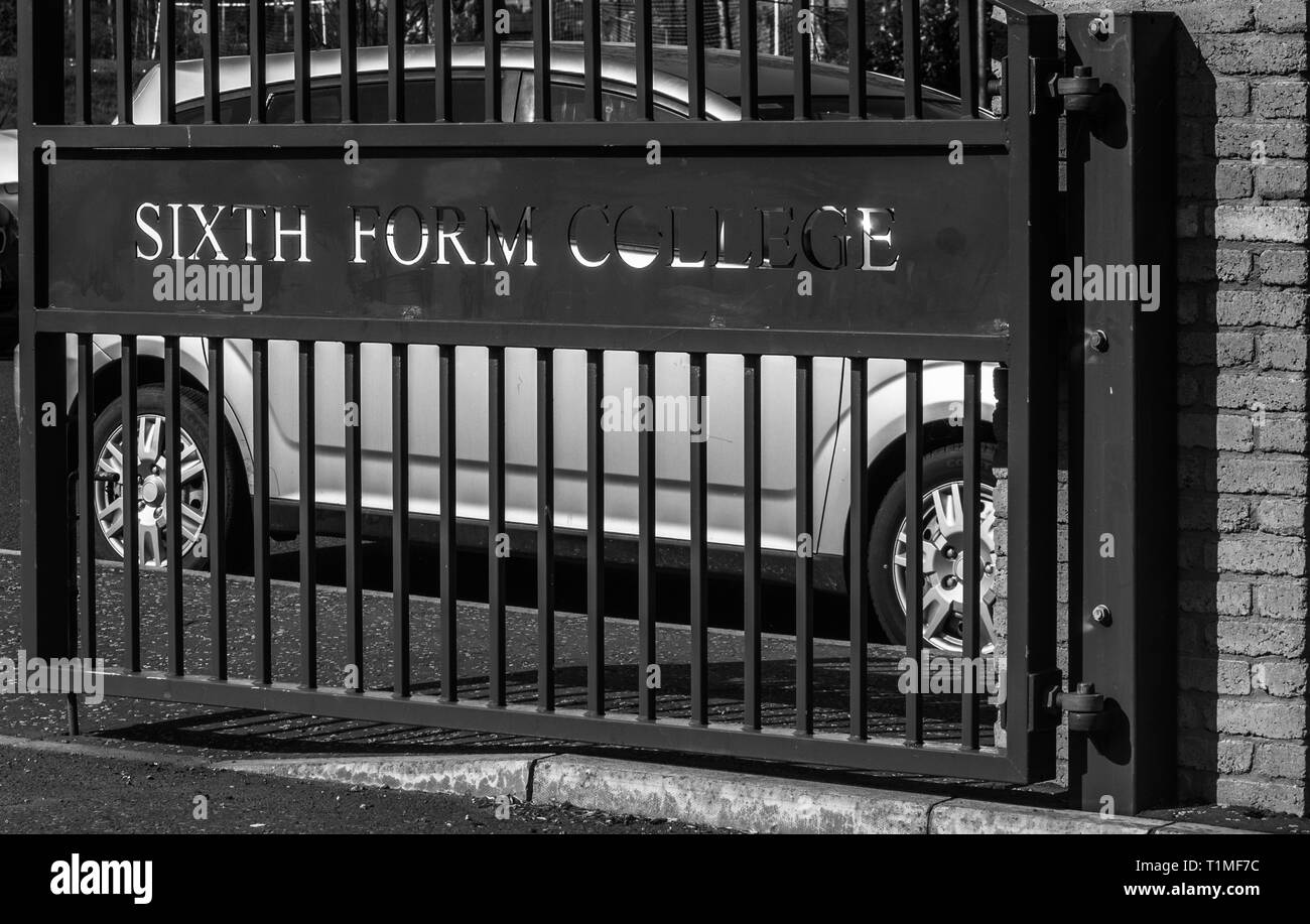 Steel gates showing Sixth Form College in Bangor, Northern Ireland Stock Photo