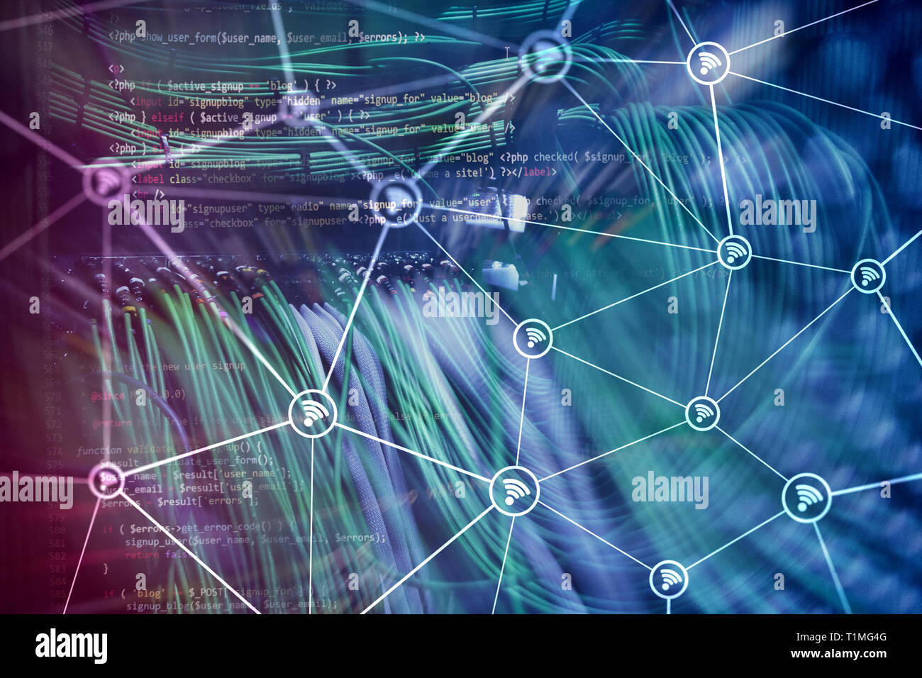 Wi fi network abstract structure on modern server room background Stock ...