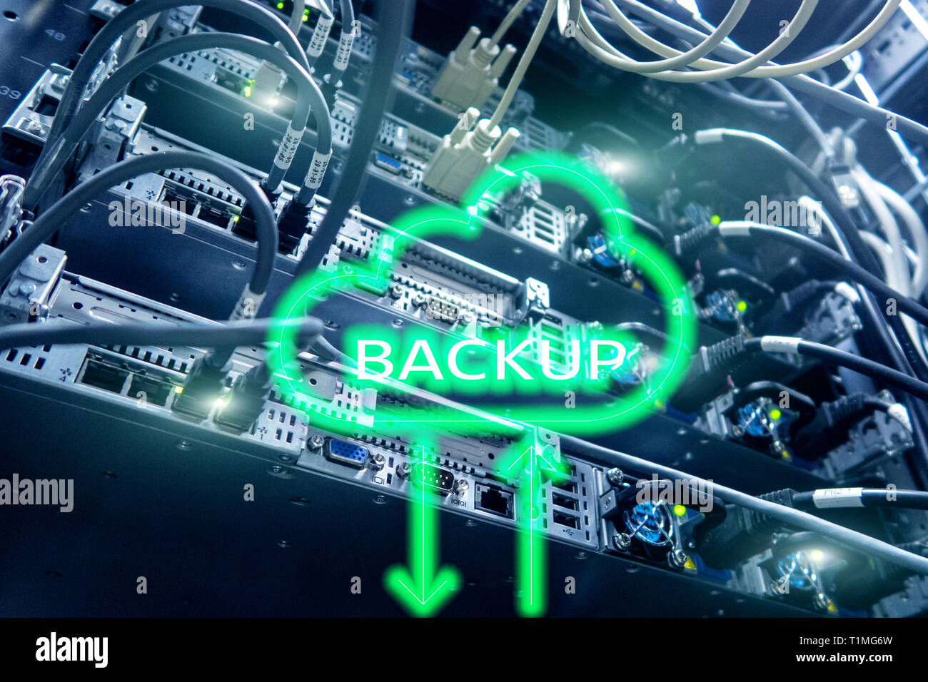 Backup button on modern server room background. Data loss prevention ...
