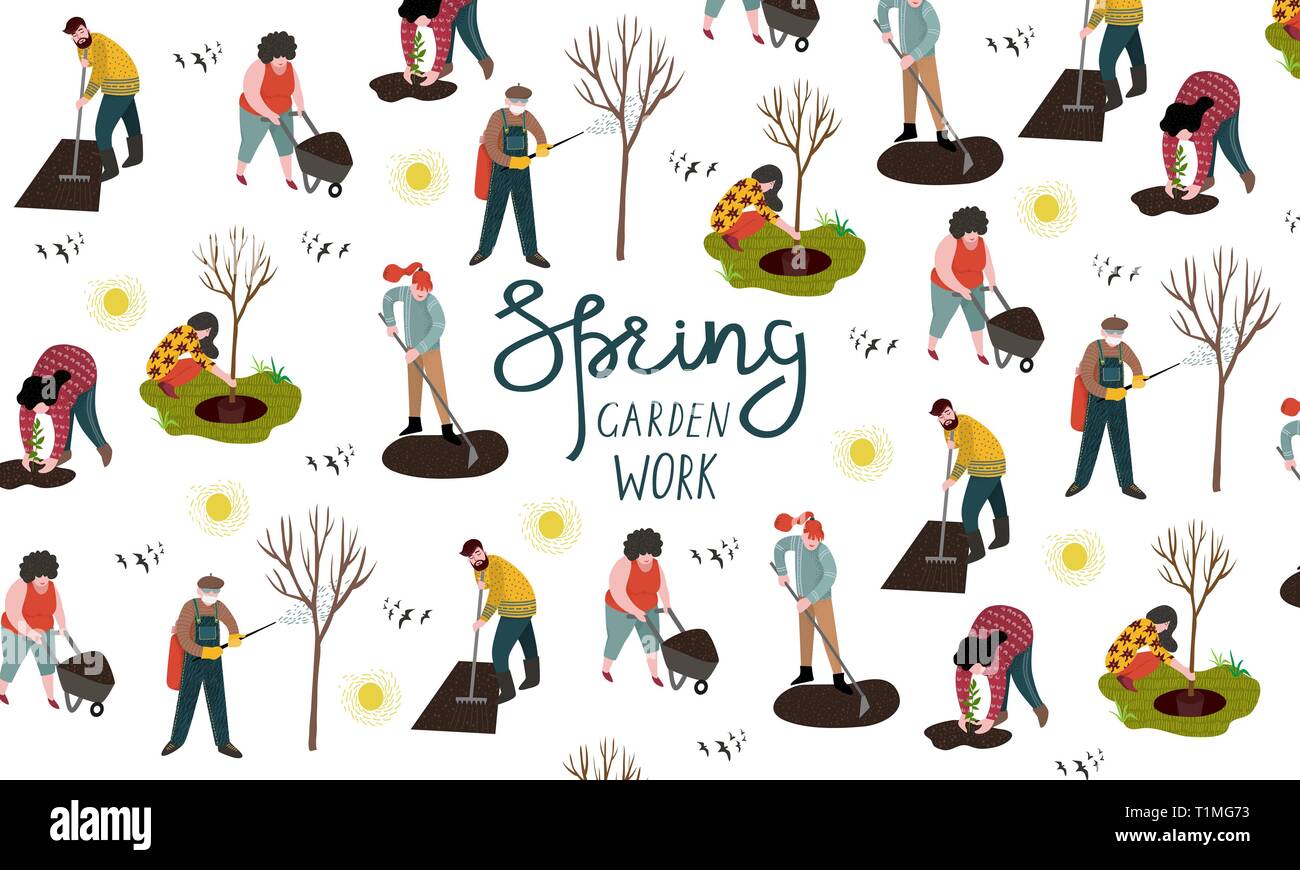 People working in the garden over planting, developing the land and treating trees from pests. Vector illustration Stock Vector