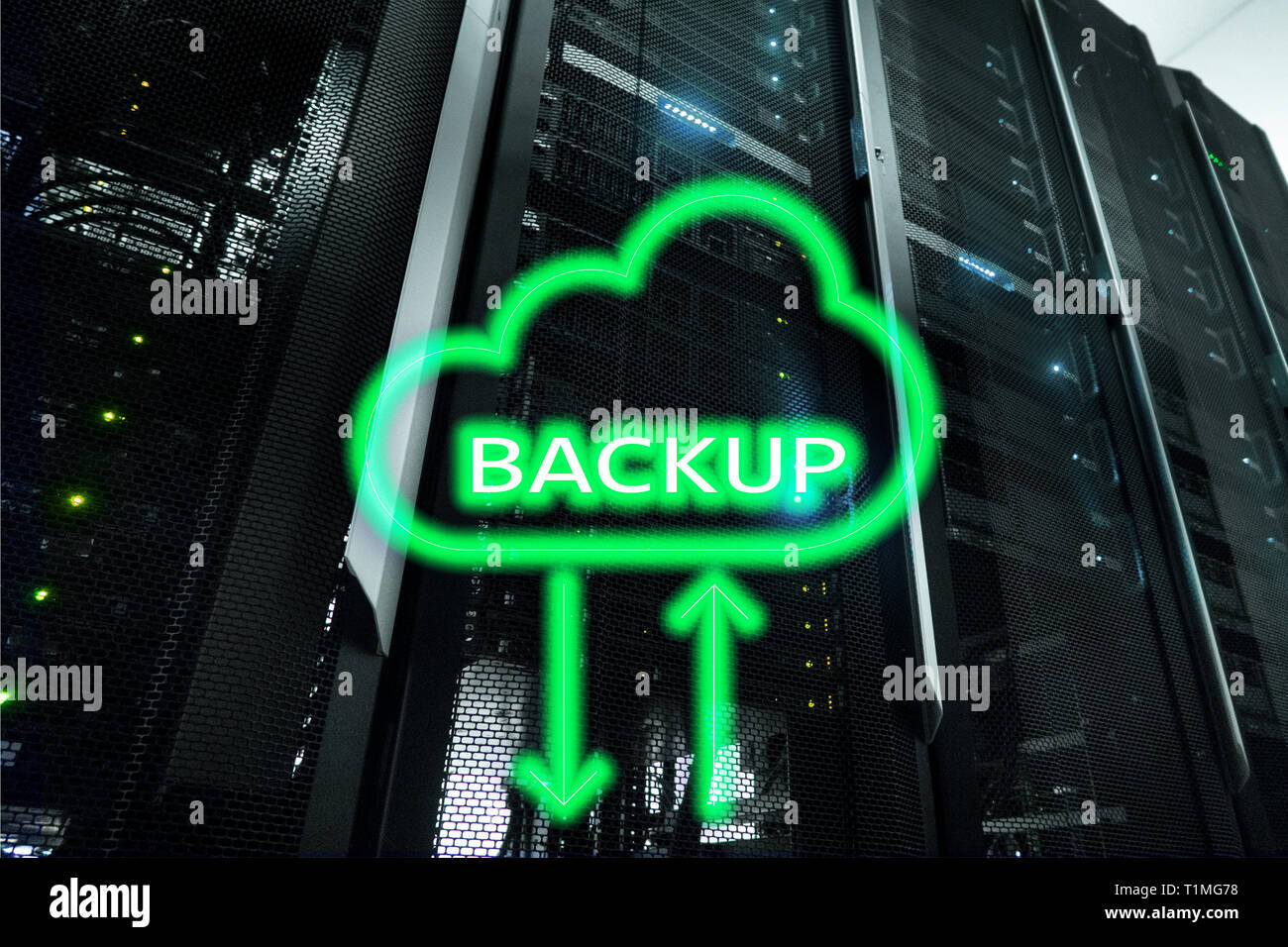 Backup button on modern server room background. Data loss prevention ...