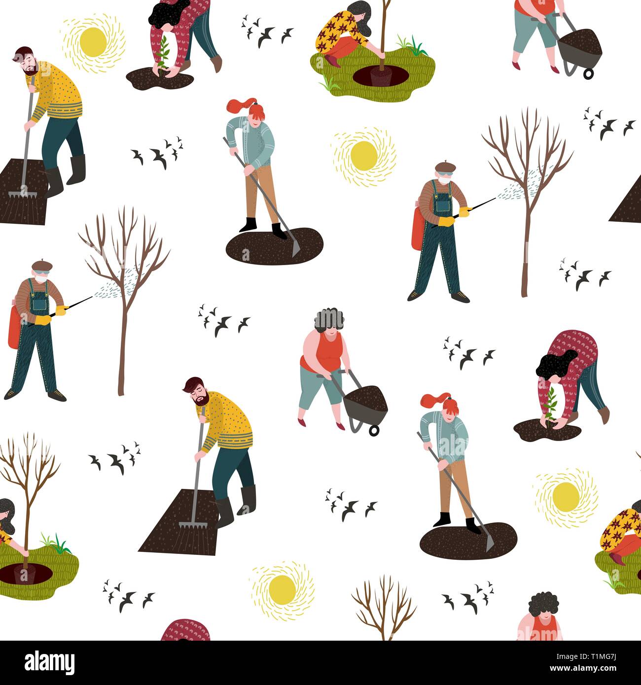 Seamless pattern with people working in the garden over planting, developing the land and treating trees from pests. Vector Stock Vector