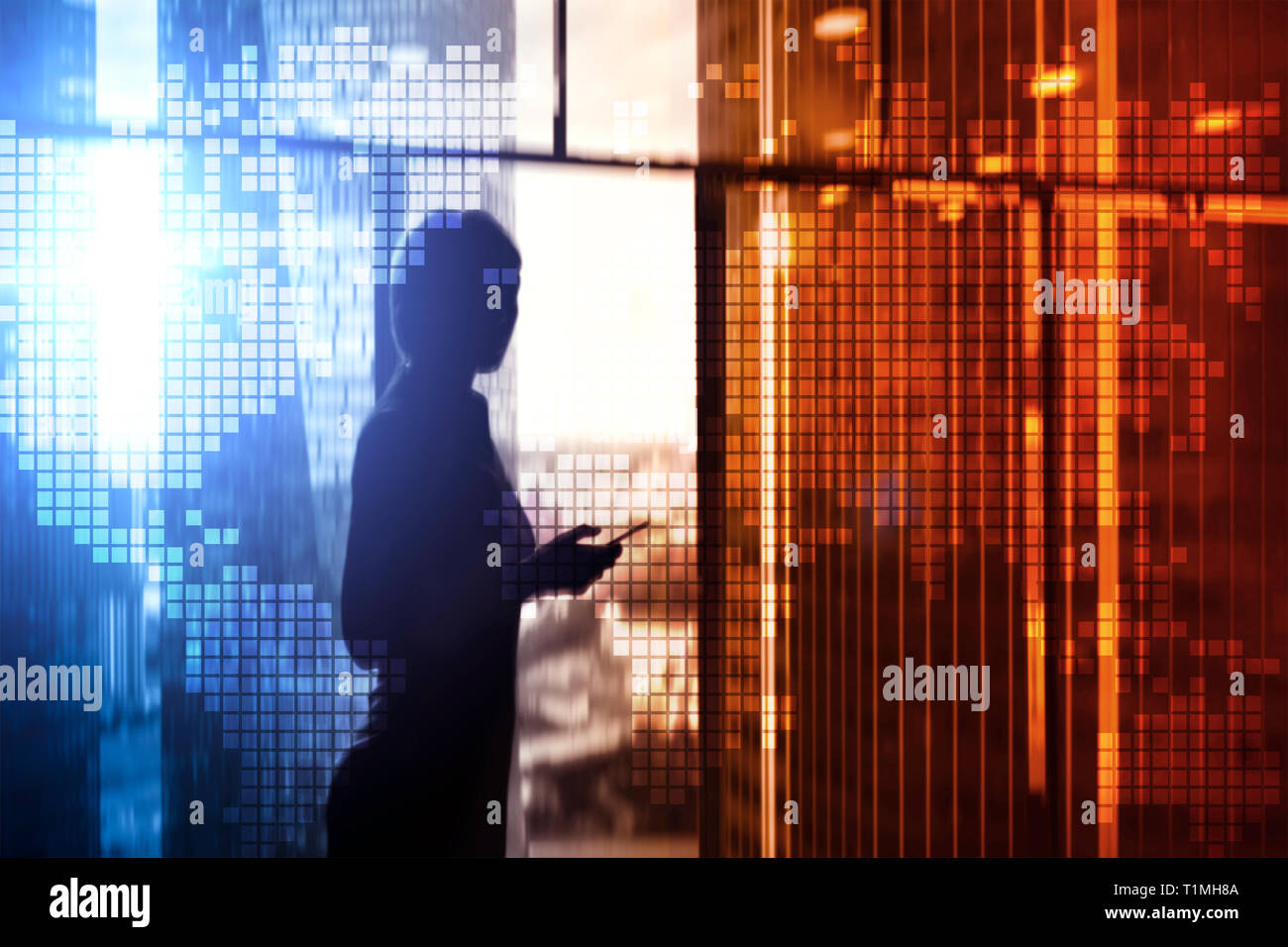 Double exposure world map on skyscraper - Double Exposure World Map On Skyscraper Background Communication And Global Business Concept T1MH8A