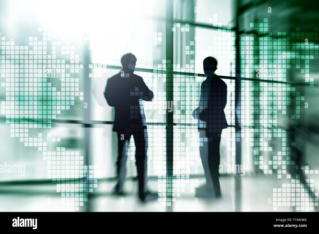 Double exposure world map on skyscraper - Double Exposure World Map On Skyscraper Background Communication And Global Business Concept T1MH8K
