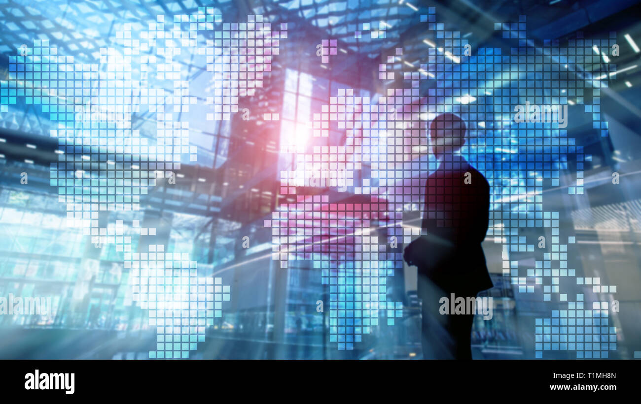 Double exposure world map on skyscraper - Double Exposure World Map On Skyscraper Background Communication And Global Business Concept T1MH8N