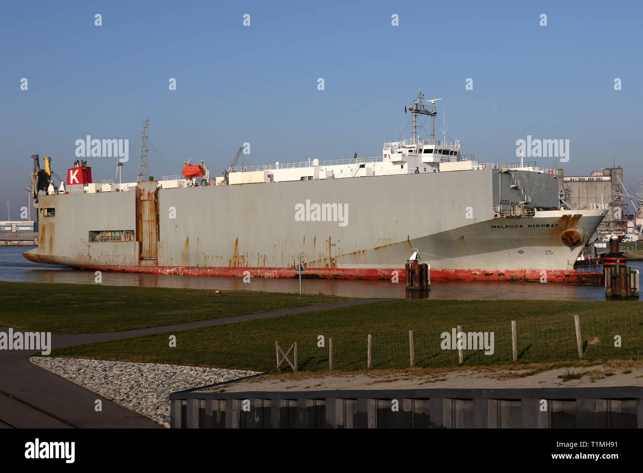The Car carrier Malacca Highway reached on 17 February 2019 the lock of the port of Emden. Stock Photo