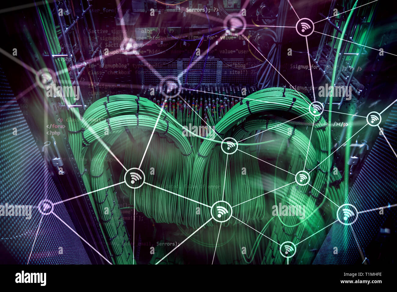 Wi fi network abstract structure on modern server room background Stock ...