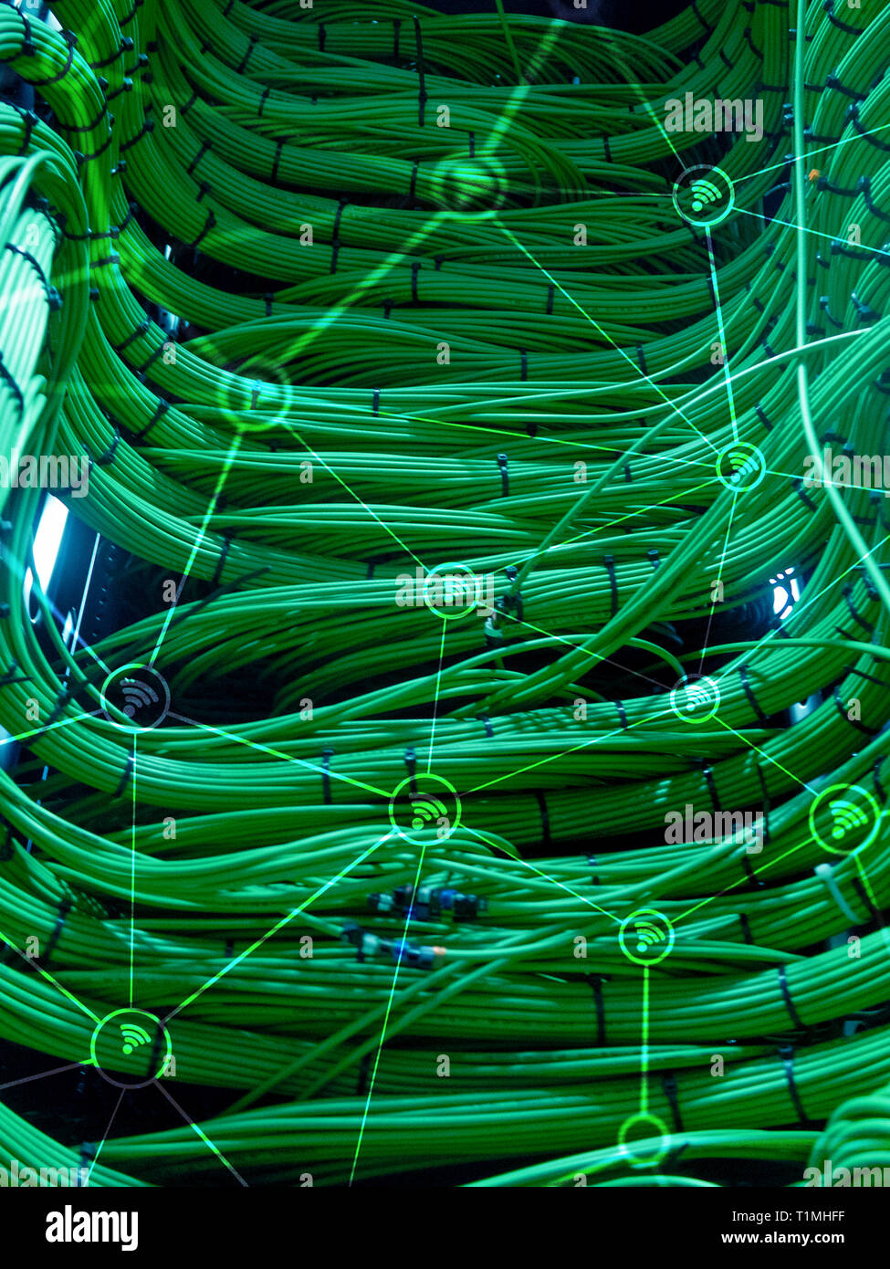 Wi fi network abstract structure on modern server room background Stock ...