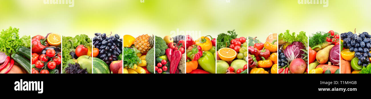 Panoramic collage vegetables and fruits on green background. Copy space Stock Photo