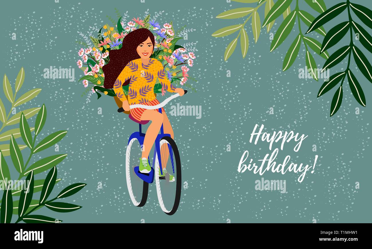 Happy Birthday. Isolated cute smiling girl on a bicycle with a basket of wild flowers. Horizontal Vector illustration Stock Vector