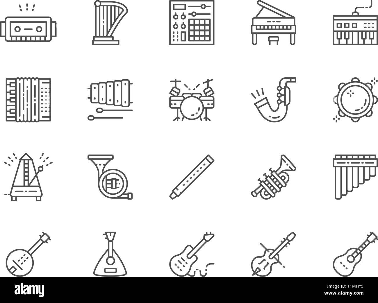 Set of Musical Instruments Line Icons. Piano, Accordion, Violin, Guitar