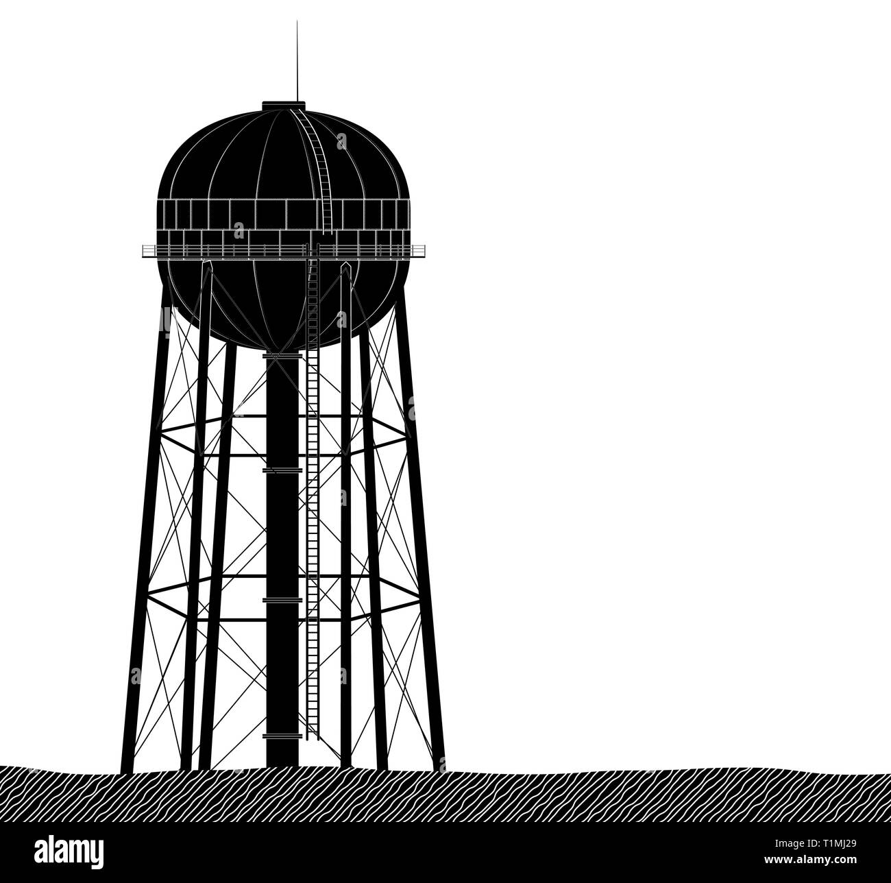 High and large water tower from the USA. Black on a white background. Water supply or plumbing. Stock Vector