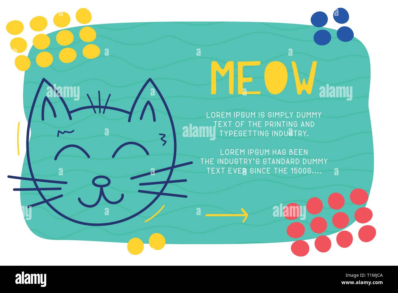 Abstract landing page pattern with different element, text block and doodle cat icon. Vector fun background Stock Vector