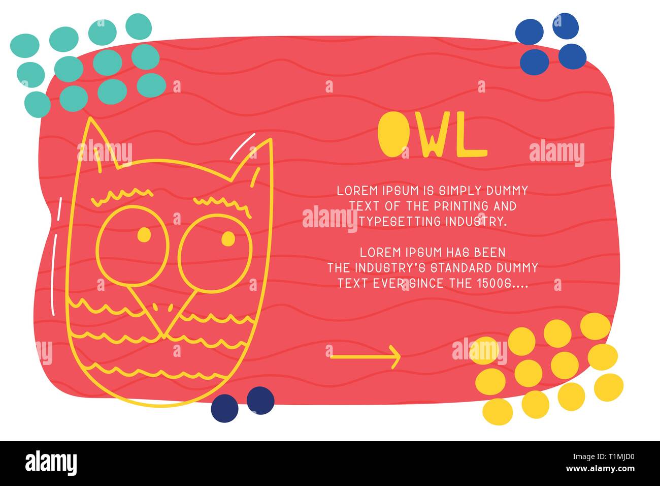 Abstract landing page pattern with different element, text block and doodle owl icon. Vector fun background Stock Vector