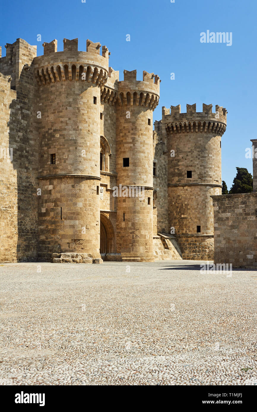 Rhodes, Greece, Grandmaster Palace architecture entry and towers Stock  Photo - Alamy