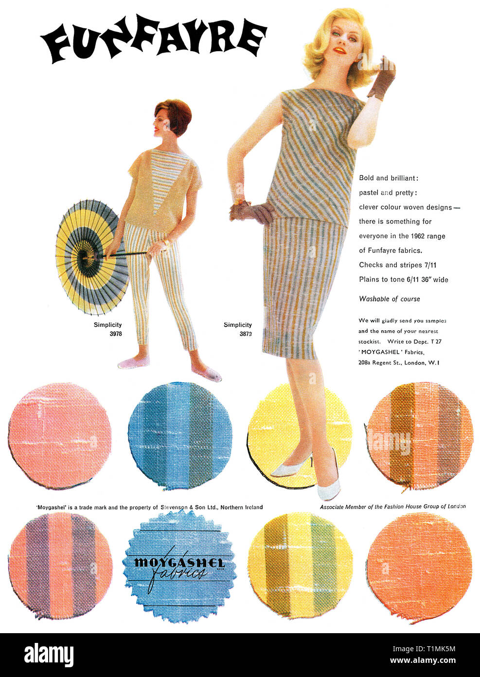 1962 British advertisement for Moygashel fabrics for women's fashion. Stock Photo
