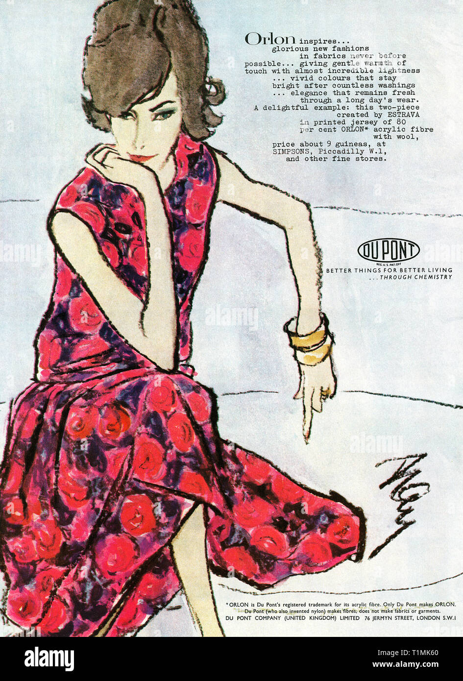 1962 British advertisement for Orlon fashion fabric by Du Pont. Stock Photo