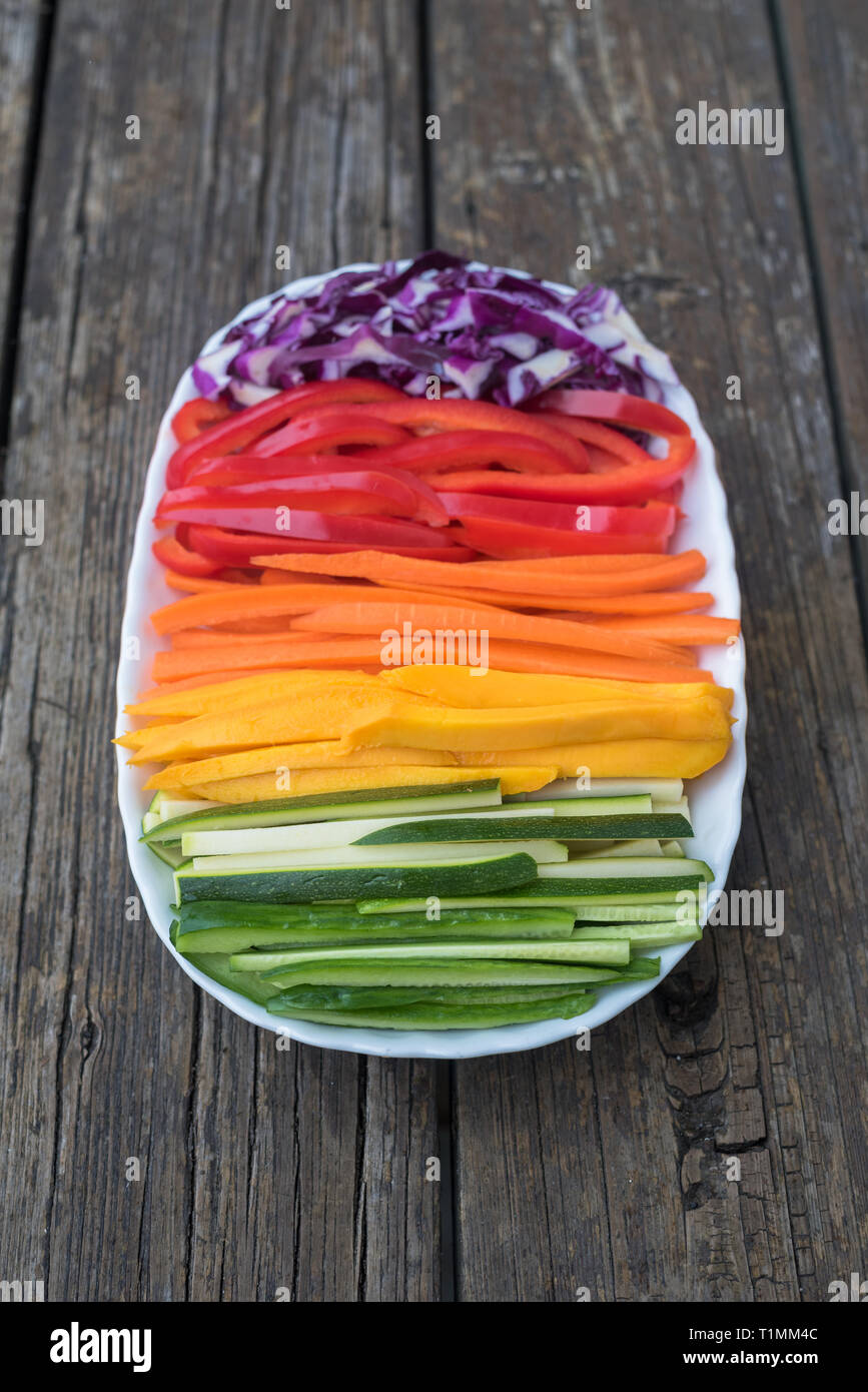Raw, freshly cut, fruits and vegetables Stock Photo