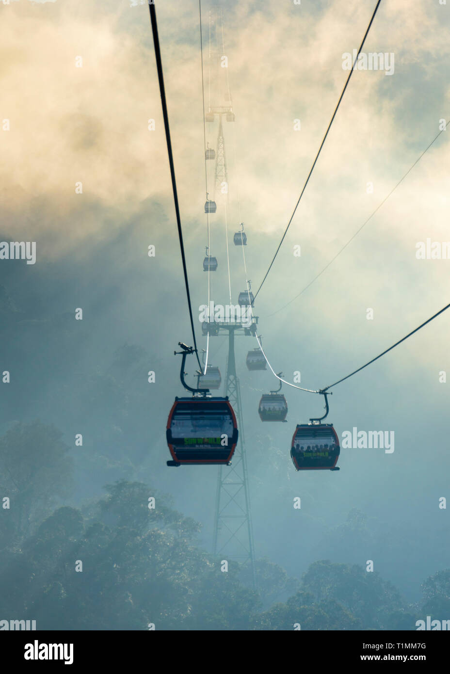 Gondola cable cars on an aerial tramway at the Ba Na Hills resort in Vietnam Stock Photo