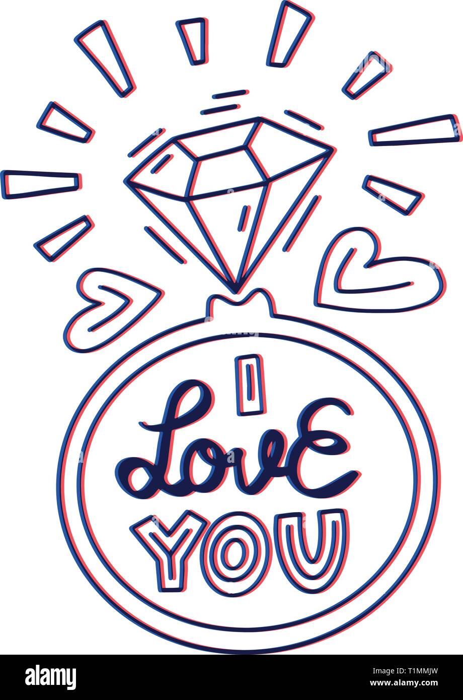 I Love You lettering doodle quote with ring, diamond and heart. Vector ...