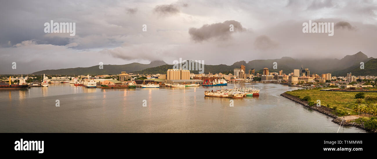 Port Louis, Mauritius - January 30, 2019: Panoramic view of the Port of Port Louis in Mauritius. Stock Photo