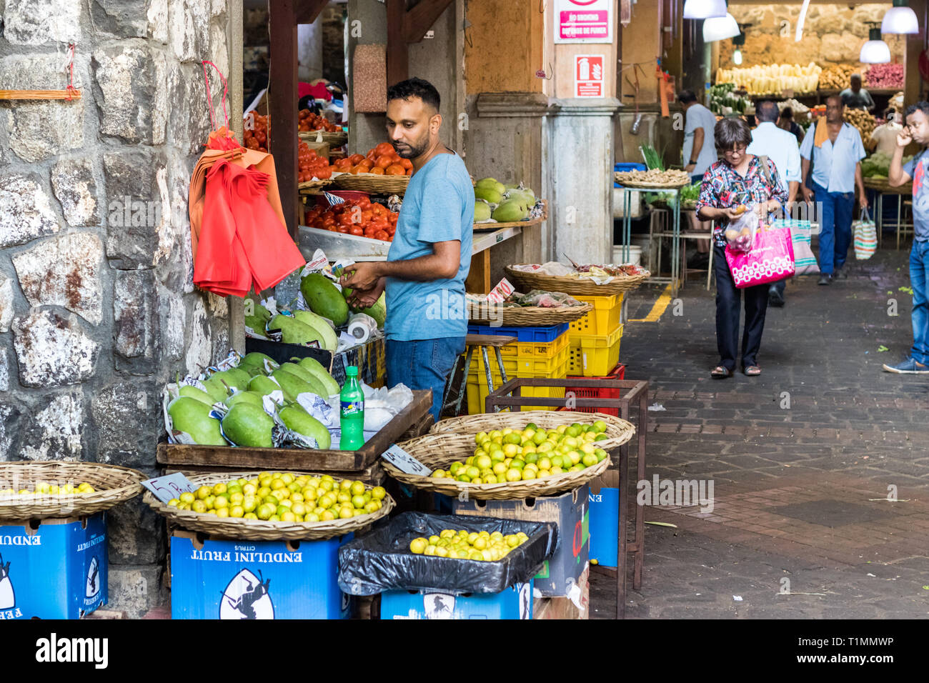 Port Louis, Mauritius - January 29, 2019: People and vendors at the Central Market in Port Louis, Mauritius. Stock Photo