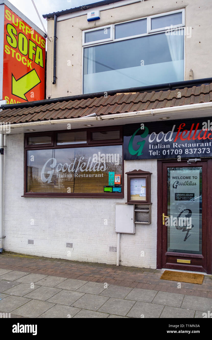 A White rendered building is Goodfellas Italian Restaurant in Rotherham